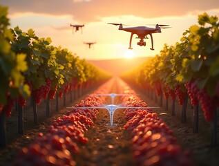 Drones assist in vineyard management during sunset in a picturesque landscape