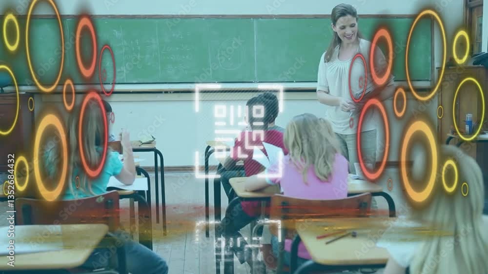 Aufkleber in school, teacher using animation overlay while interacting with students in classroom
