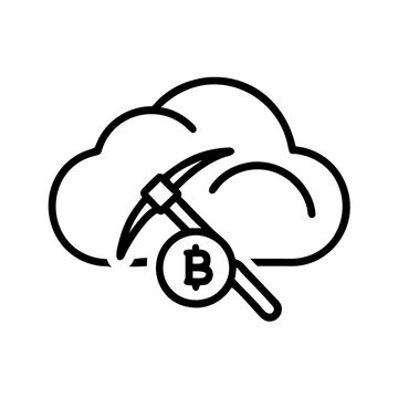 Cloud mining icon with bitcoin symbol and pickaxe in cloud