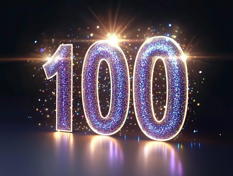 Glittering Number One Hundred, Dark Background with Lens Flare, Anniversary or Birthday