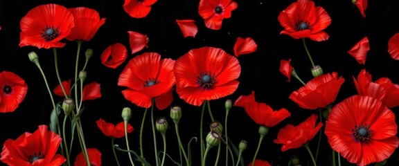 Crimson poppies scattered on a deep black velvet backdrop, memorial day, papaver