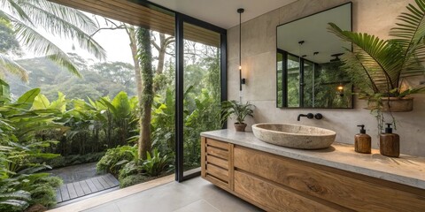 A refreshing bathroom filled with lush tropical plants, a wooden vanity with a stone sink, black matte fixtures, and soft natural lighting. A large window offers a serene jungle view.
