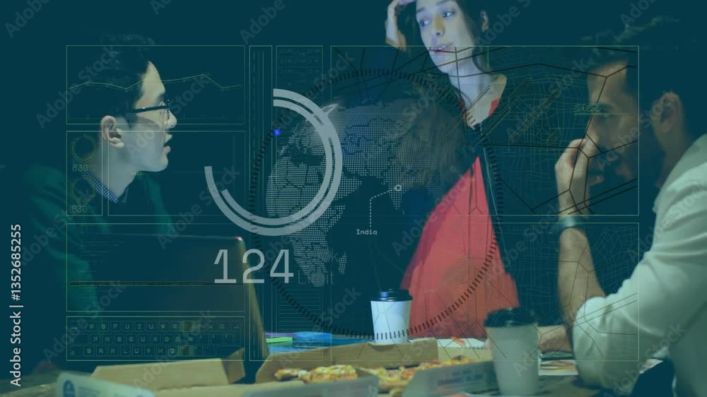 Poster collaborating in office, business team analyzing data with animation overlay