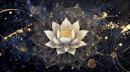 Golden Lotus Flower with Abstract Geometric Patterns, Dark Blue and Gold Background, Spirituality and Meditation