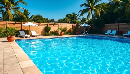 Inviting tropical swimming pool at luxury resort on a sunny clear day