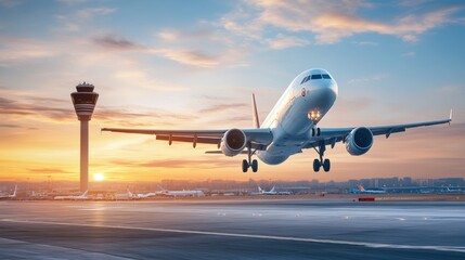 Obraz premium Airplane Taking Off at Sunrise with Control Tower in Background Overlooking Runway and Scenic Sky