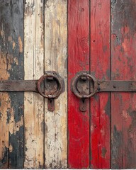 Weathered Wooden Door with Rusty Iron Handles and Red, White, and Gray Paint