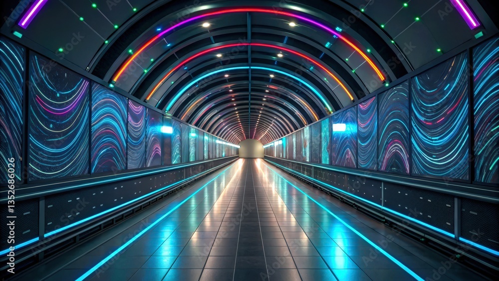 Poster a vibrant, tunnel-like passage illuminated with colorful lights and dynamic patterns, creating a fut