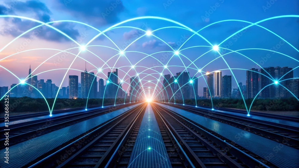 Poster a futuristic railway scene with a glowing horizon and digital connectivity lines intersecting a mode