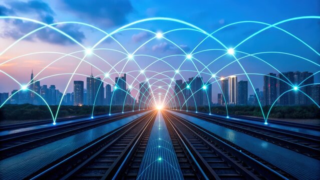 A futuristic railway scene with a glowing horizon and digital connectivity lines intersecting a modern city skyline at dusk.
