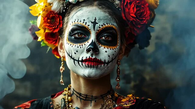 Beautiful woman in candy skull makeup and among smoke for Dia De Los Muertos
