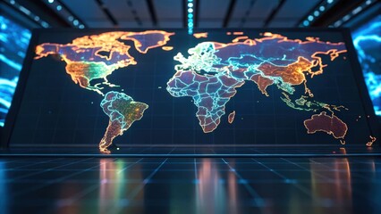 A digital map of the world illuminated with vibrant colors, set against a futuristic backdrop featuring sleek lines and a high-tech ambiance.