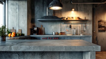a concrete kitchen counter and a modern kitchen in the background 