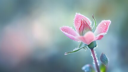 Obraz premium A close-up of a pink rose covered in dew drops against a soft blurred background.