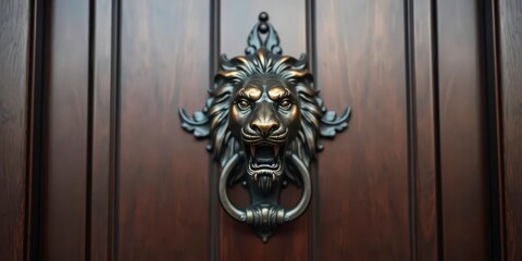 Elegant lion head door knocker, dark wood door detail, home, symbol