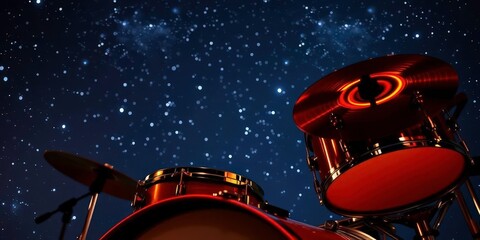 Close-up of a drum set against a starry night sky, sparkle, banner