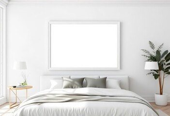 Elegant white frame mockup on pristine bedroom wall, simple, template