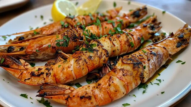 Fried langoustines in herbs and lemon juice on a plate