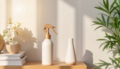 Sleek air freshener spray on wooden shelf in minimalist living room, elegance
