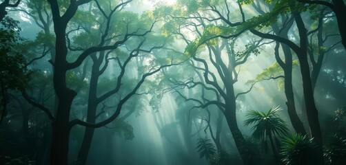 Obraz premium Ethereal fog shrouds ancient green forest, sunlight filtering through canopy, creating mystical ambiance, fern, old
