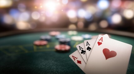 A close-up of four aces on a poker table with chips in the background.