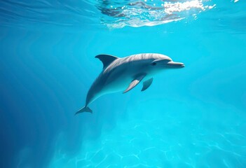 Fluid dolphin arcing through translucent turquoise water, sunlight filtering down,  tranquil, clear