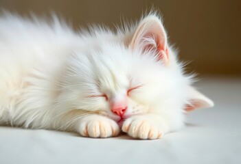 Fluffy white kitten, paws tucked, sleeping soundly, background, cat