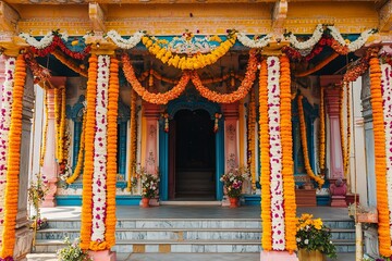 Fototapeta premium A Beautifully Decorated Temple with Flower Garlands for Holi