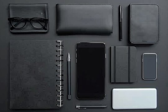 flat lay of productivity tools: notepad, laptop, smartphone, glasses, minimalist