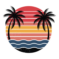 Vintage tropical sunset vector with palm trees, ocean waves and retro striped sun background