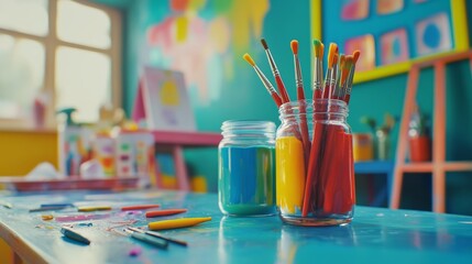 Watercolor paints and brushes.