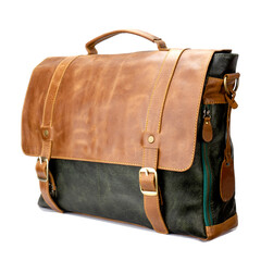 Vintage style leather bag with green and brown combination color isolated on white background,...