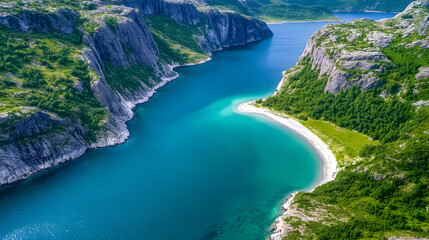 Obraz premium A captivating drone view of a serene fjord showcasing vibrant turquoise waters surrounded by lush, mountainous terrain under a clear blue sky, inviting peace and reflection