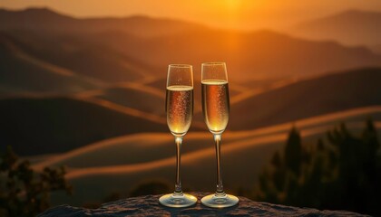 Golden hour light bathes rolling hills as two champagne flutes sit poised, alcohol, elegant