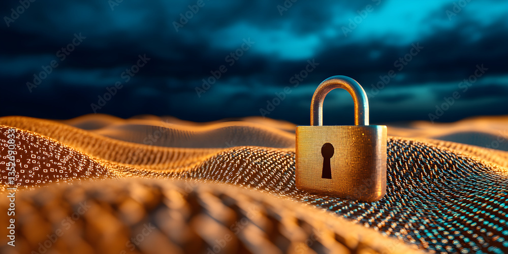 Poster a captivating abstract design of a digital padlock representing cybersecurity and data protection in