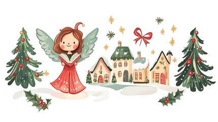 Fototapeta premium Joyful angel reading a book in a snowy village during the Christmas season