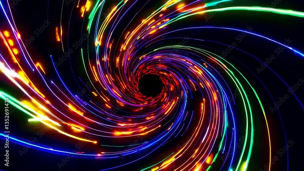 Poster colorful vortex of neon lights spirals inward on a dark background. abstract art concept