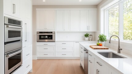 Fototapeta premium Bright and Modern Kitchen Design with White Cabinets and Stainless Steel Appliances in Contemporary Home