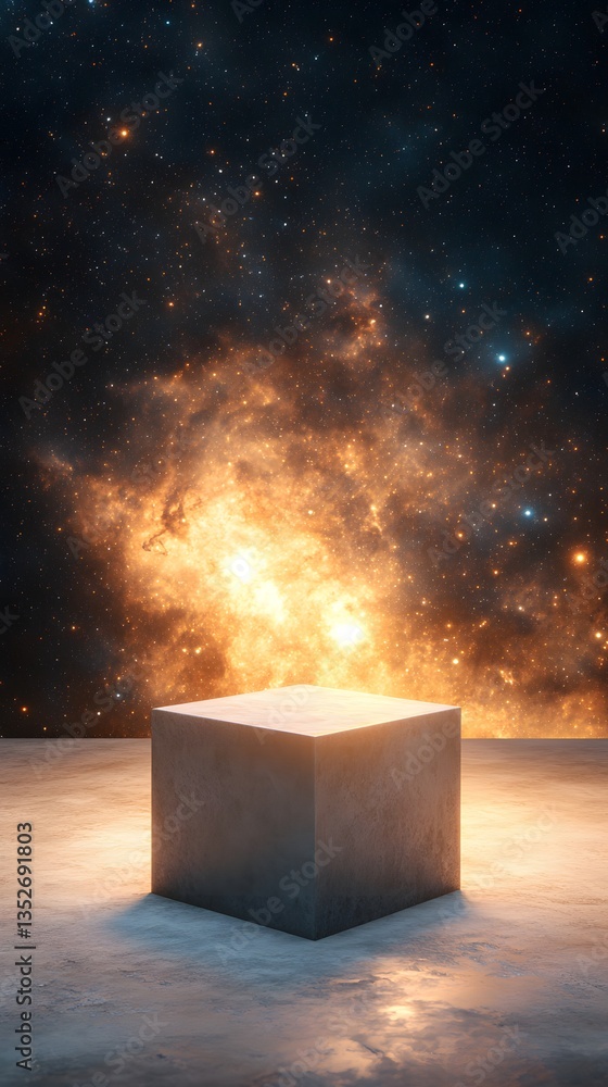 Poster a podium with a cosmic texture, glowing in a deep-space nebula environment