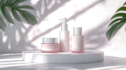 Elegant Pink Skincare Products on Marble Display with Tropical Leaves and Sunlight Shadows
