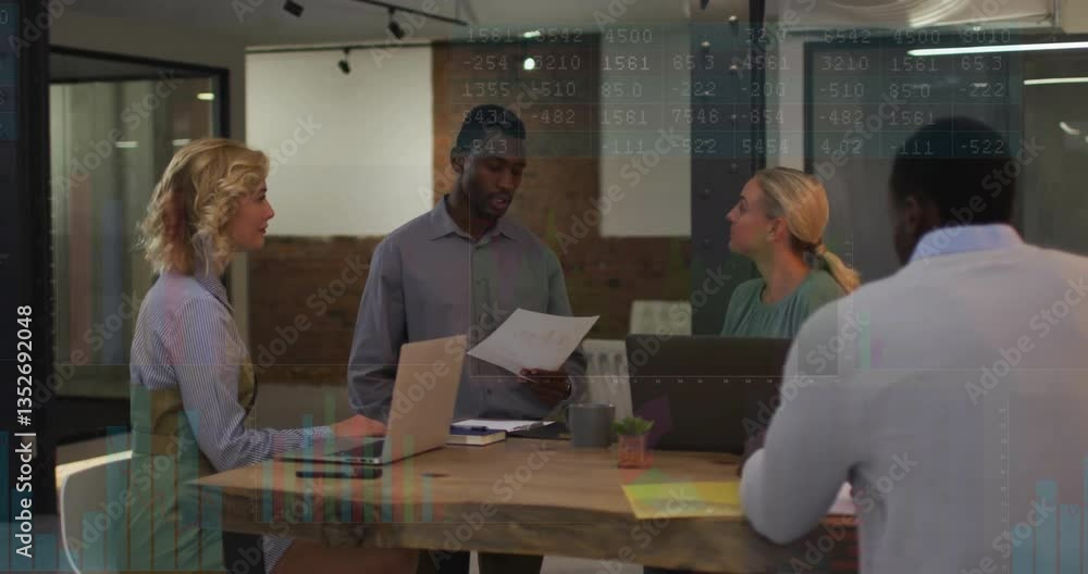 Poster diverse team discussing financial data processing animation over office meeting