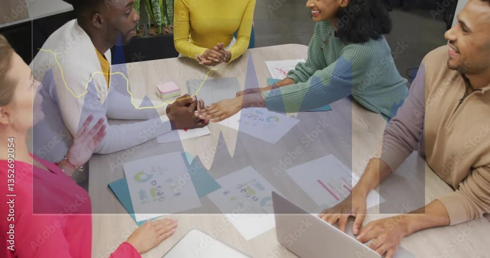 Poster Diverse team collaborating at table with data processing animation overlay