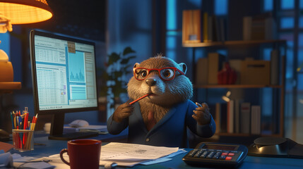 beaver in red glasses and red pencil sits in the dark by lamplight businessman or accountant sits at table with calculator, overtime work, night time
