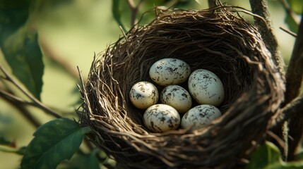 Fototapeta premium A natural nest filled with speckled eggs resting in a tree