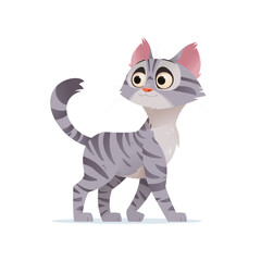 Adorable digital illustration of a playful tabby cat with big eyes and a curious expression. The cat has grey stripes, fluffy fur, and a friendly look. Perfect for kids, pets, and animal themes