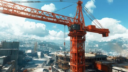 Construction Site Panorama, Tower Crane against Mountainous Cityscape