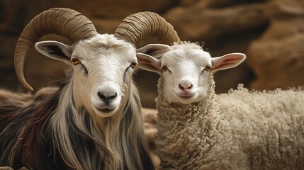 Obraz premium Horned goat and sheep together outdoors, nature background