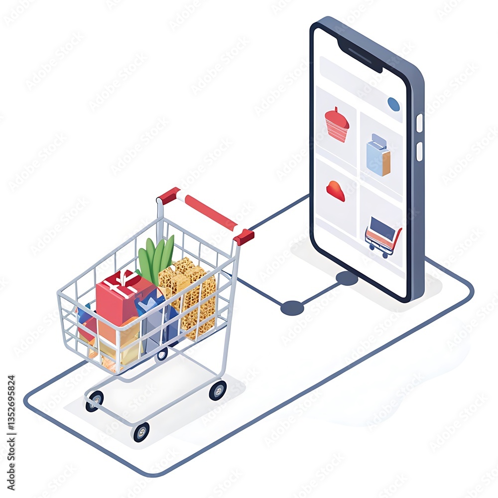 Aufkleber modern isometric digital shopping concept showing product selection on mobile device connected to fi