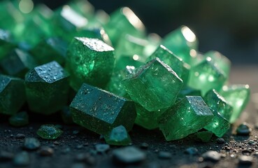 Green crystal mineral stones, gems, in natural environment. Precious and semiprecious stones texture. Shiny surface of precious stones, seamless bokeh background. Emerald mineral background.
