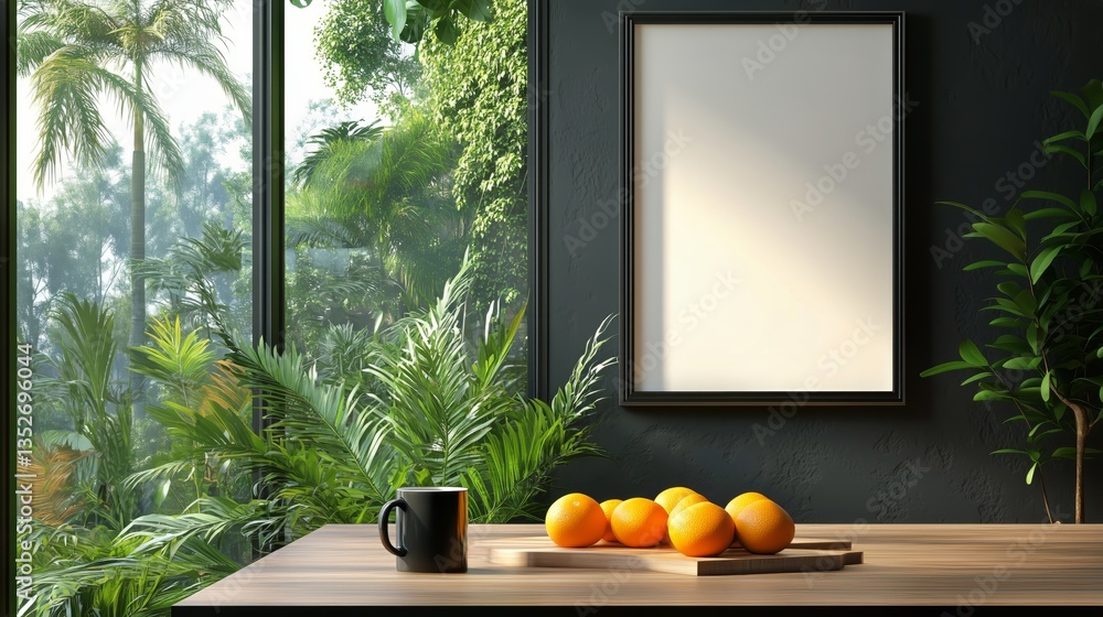 Poster bright indoor setting with empty frame and fruits on a table in a lush green environment